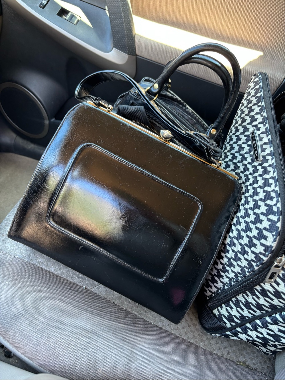 Vintage leather structured Classic Black Glossy Top-Handle Satchel - Unbranded